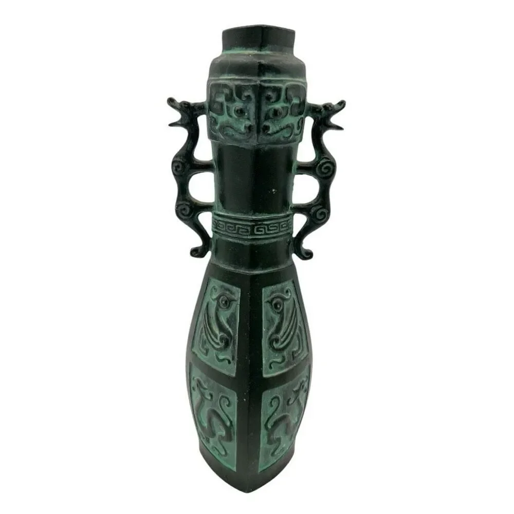 Chinese Vintage Flower Vase Kabin Ikebana Crane Zodiac Dragon Handle Talisman
